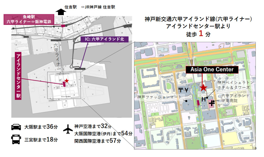 神戸新交通六甲アイランド線（六甲ライナー）アイランドセンター駅より徒歩1分／お車で、大阪駅まで36分／バスで、三ノ宮駅まで18分／神戸空港まで32分、大阪国際空港（伊丹）まで、54分、関西国際空港まで、57分